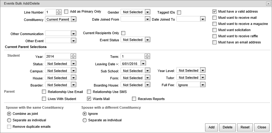 Events Bulk Add Delete (Current Parent, synweb)
