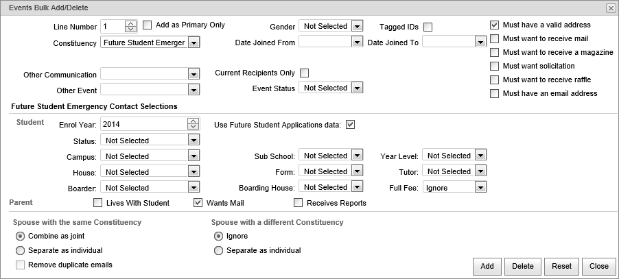 Events Bulk Add Delete (Future Student emergency contact, synweb)
