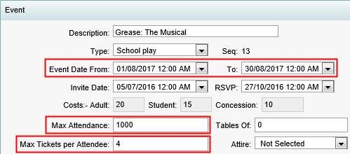 Events Maintenance - Event tab (synweb, cut down, community portal fields highlighted)
