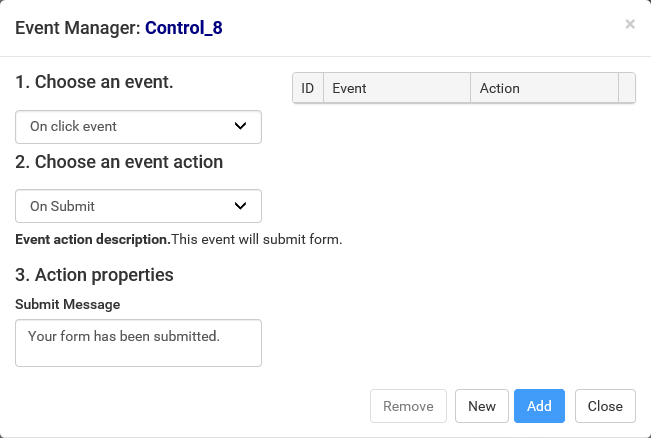Events Manager window (Action properties)