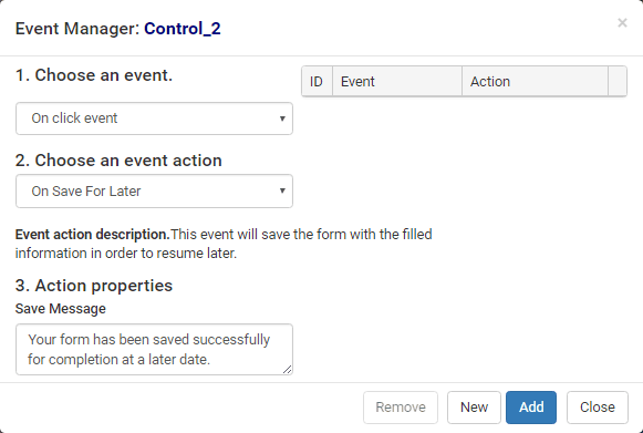 Events Manager window (Action properties, save for later)