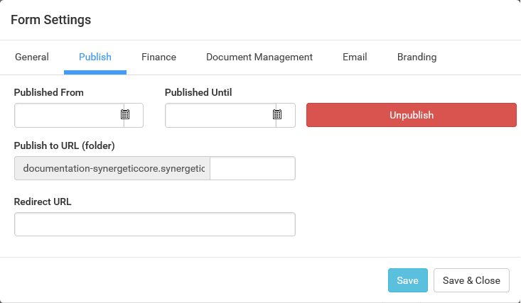 Form Settings - Publish tab