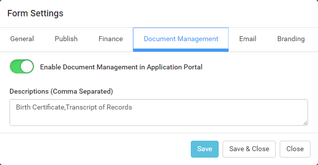 Form Settings window - Document Manangement tab (cut-down)