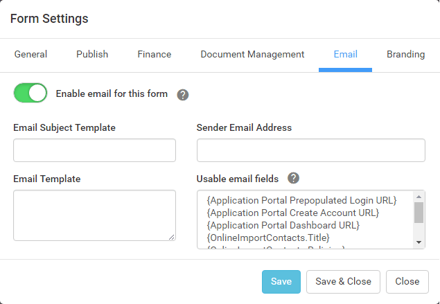 Form Settings window - Email tab