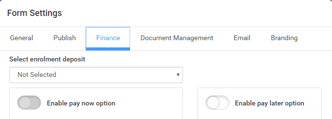 Form Settings window - Finance tab (cut-down)