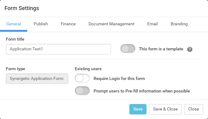 Form Settings window - General tab