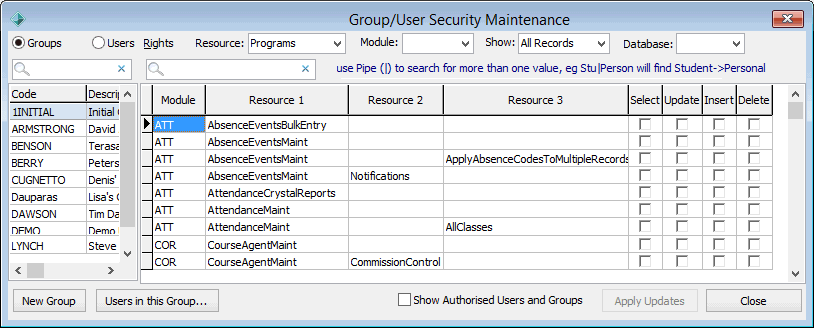 Group User Security Maintenance (cut down)