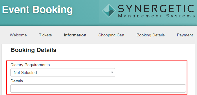 Information tab (Dietary requirements fields)