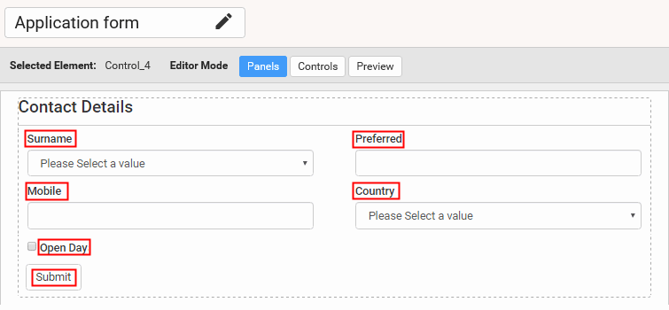 New form (Elements added and named, highlighted)