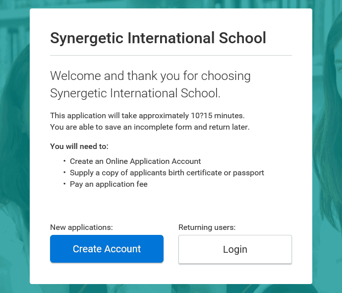 Online application landing (Create account and login options shown)