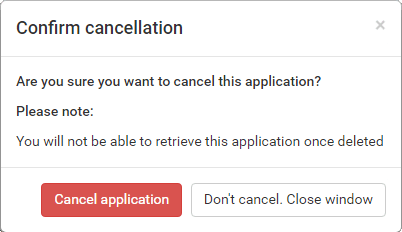 Online application portal (Confirm cancellationj window)