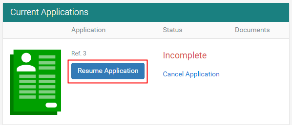 Online application portal (Current applications area, Resume application highlighted)