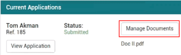 Online application portal (Manage documents button highlighted)
