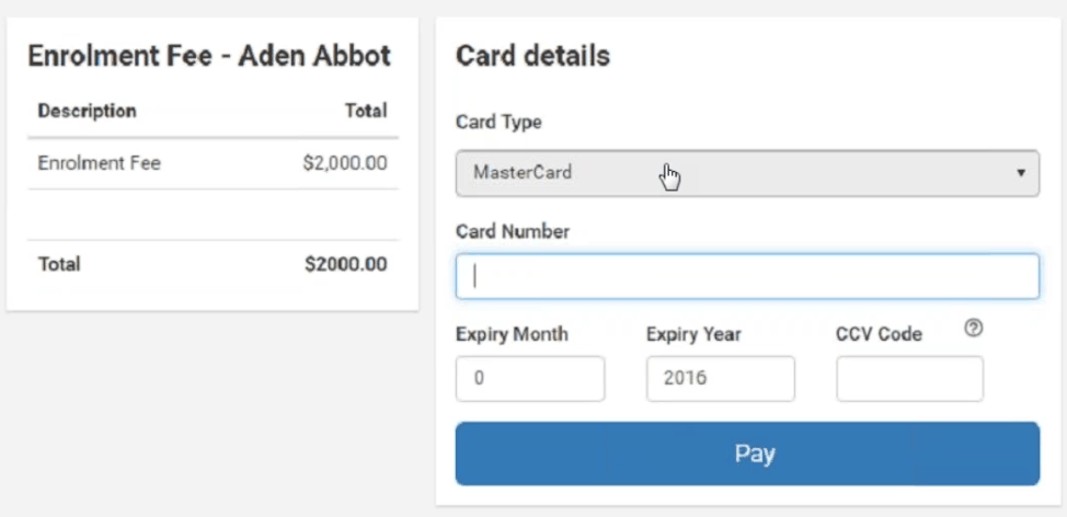 Online application portal (Payment screen)