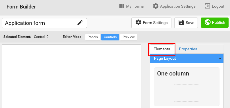 Online form editor (Blank, Elements tab highlighted)