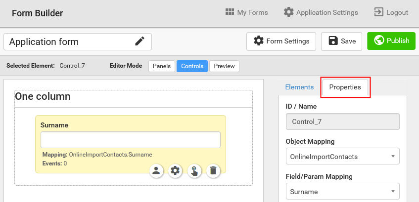 Online form editor (Blank, Properties tab highlighted)