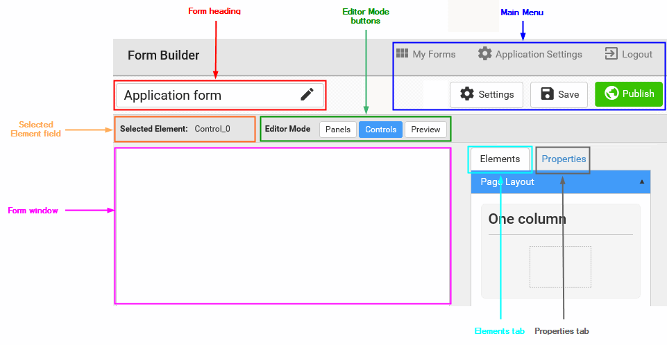 Online form editor (Exploring, sections highlighted)