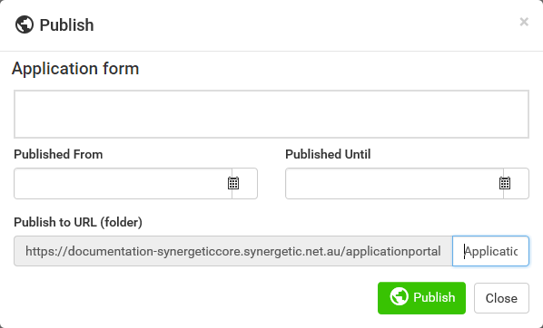 Online Form Editor (Publish window)
