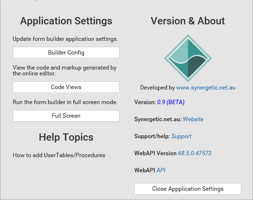 Online form editor (Settings window)