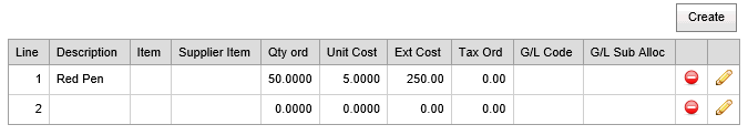 Purchase Order tab - Line Item Editor area (synweb, one item)