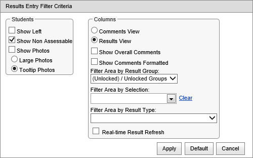 Results Entry Filter Criteria (class and assessment, synweb)