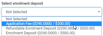 Select enrolment deposit dropdown list