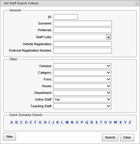 Staff Search Criteria window