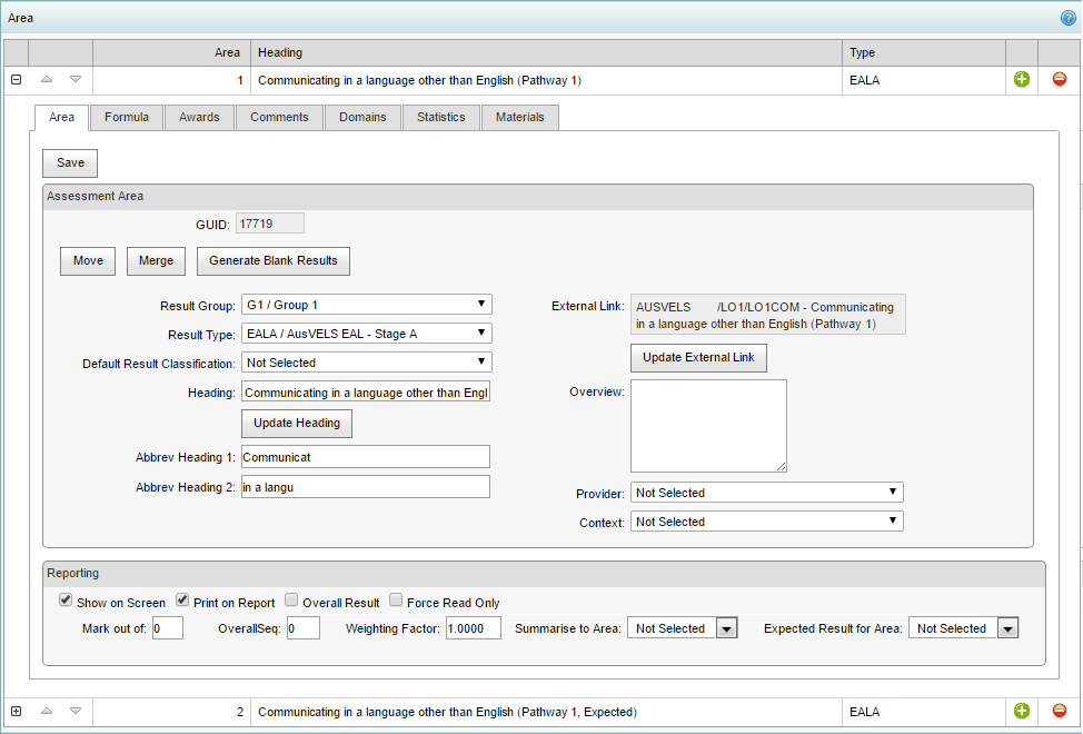 Subject Assessment Area Maintenance - Area bar  - Area tab (EAL example)