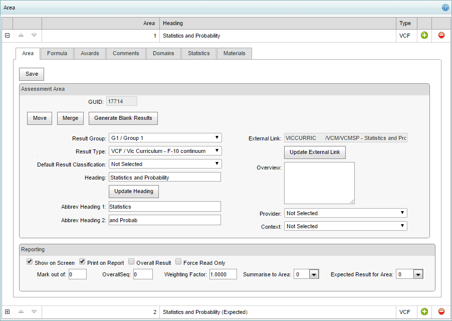 Subject Assessment Area Maintenance - Area bar - Area tab (synweb)