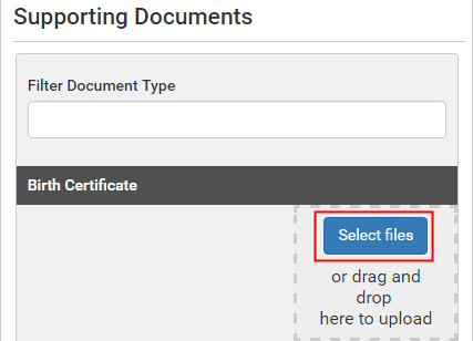 Supporting documents section (Online form example, Select files highlighted)
