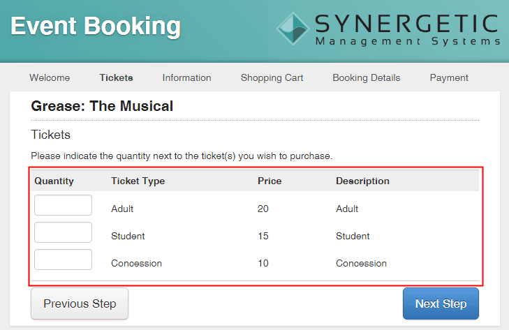 Tickets tab (Public events booking website)
