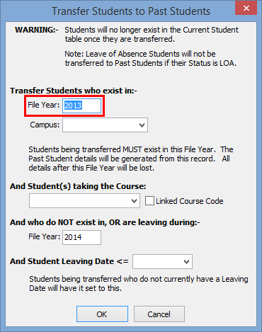 Transfer Students to Past Students window (cut down)