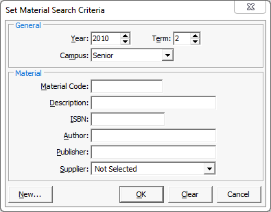 Set Material Search Criteria window