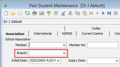 Past Student Maintenance - Association tab (Branch field highlighted)
