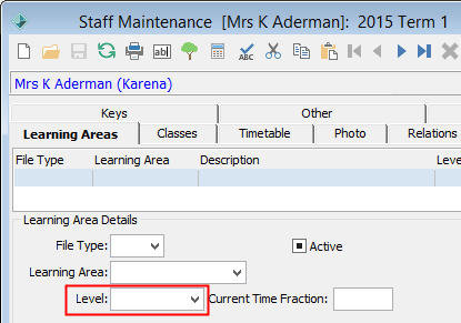 Staff Maintenance - Learning Areas tab (Level field highlighted)