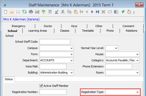 Staff Maintenance - School tab (Registration Type field highlighted)
