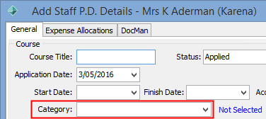 Add Staff PD Details window (Category field highlighted)