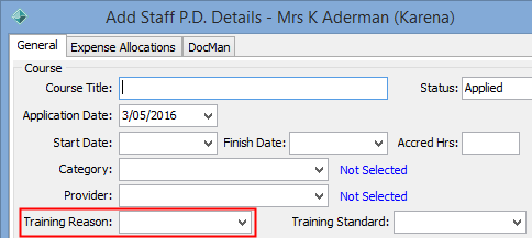 Add Staff PD Details window (Training Reason field highlighted)