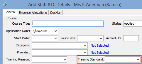 Add Staff PD Details window (Training Standard field highlighted)