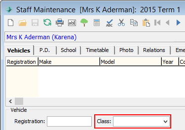 Staff Maintenance - Vehicles tab (Class field highlighted)vvvvvvvv