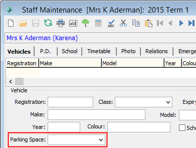 Staff Maintenance - Vehicles tab (Parking space)
