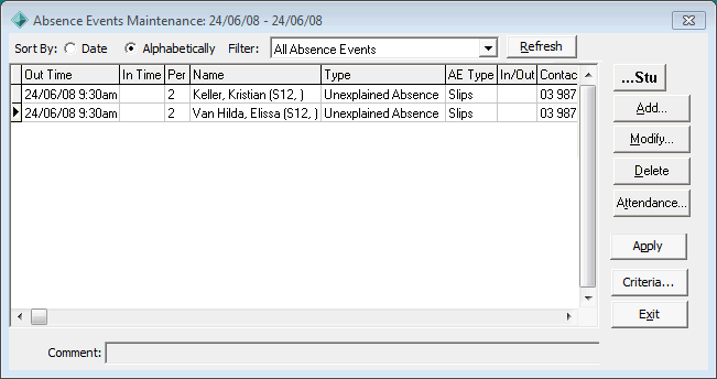Absence Events Maintenance window (co-curricular)