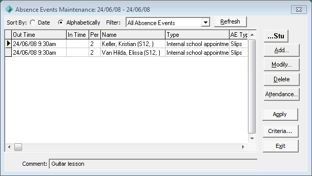 Absence Events Maintenance window