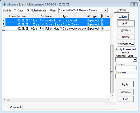 Absence Events Maintenance window (deleting absence events, selected)