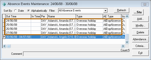 Absence Events Maintenance window