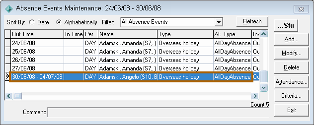 Absence Events Maintenance window