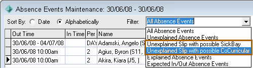 Absence Events Maintenance window (Filter field)