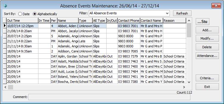 Absence Events Maintenance window (recording expected ins)