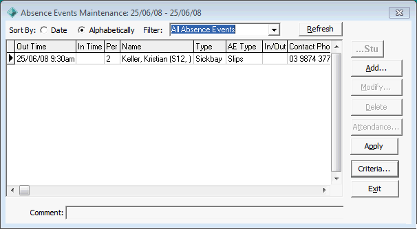 Absence Events Maintenance window