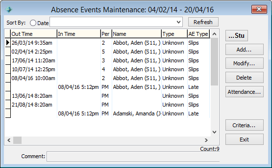 Absence Events Maintenance window